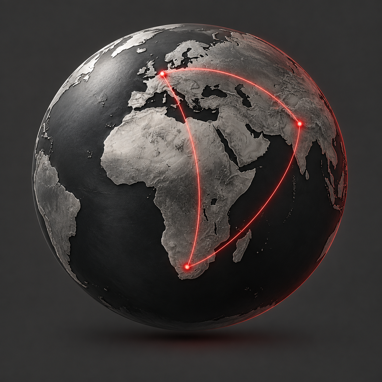Silver and graphite globe with red trade connections linking Europe, Africa and Asia