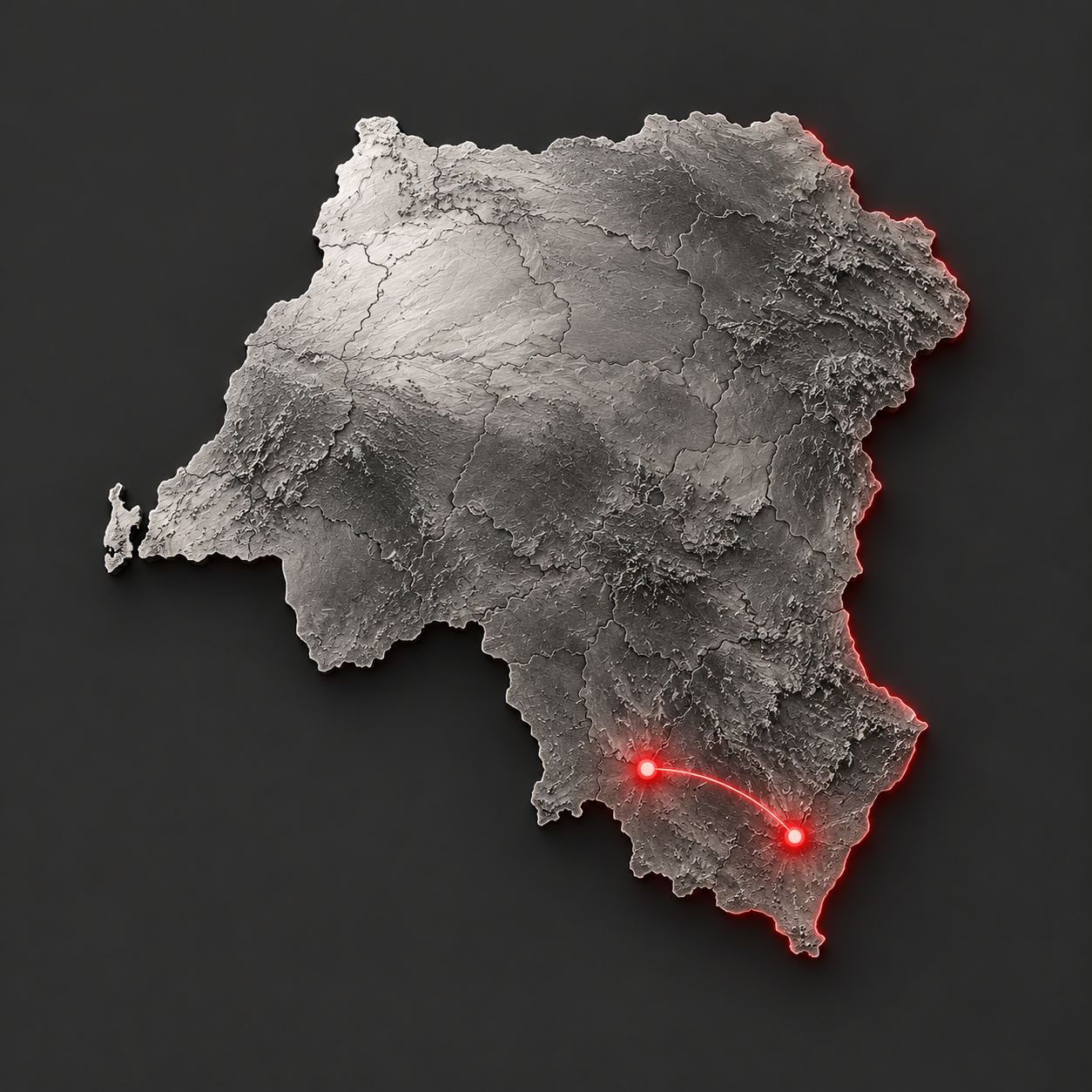 Carte illustrative de la RDC en relief métallique gris, avec deux points reliés en rouge dans le sud du pays